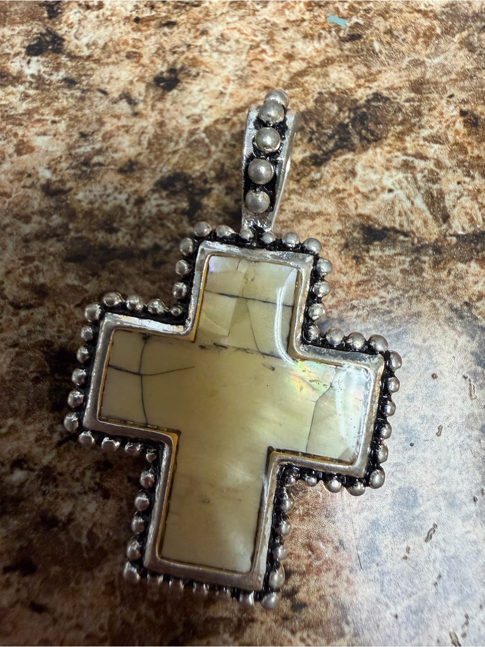 Mother of Pearl Inlay Cross Pendant Silver Tone Beaded Border Reversible